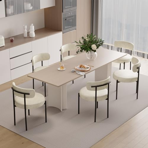 Hawthyhome Esszimmerstühle 6er Set PU Leather Gepolstert Stuhl Beige | Runde Boucle Esszimmerstuhl,Mid-Century Stühle Esszimmer mit Metallbeinen und Rückenlehne für Esszimmer,Wohnzimmer, Büro