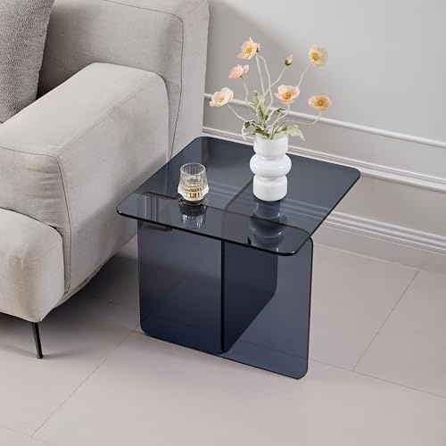 FENGHUA GLASS HOME Beistelltisch aus Gehärtetem Glas, Moderner Nachttisch, Braun Getöntes Glas für Wohnzimmer & Schlafzimmer, Minimalistisches Design, 45x45x41cm, Grau