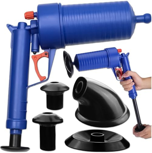 KRUMAD Druckluft Abflussreiniger inkl. 4 Gummiadapter, ohne Chemie, Rohrreiniger Pistole für WC Reinigung mit Luftdruck, Adapter mit Aufsätzen, Abflussreiniger Küche, Manuell Pömpel für Dusche