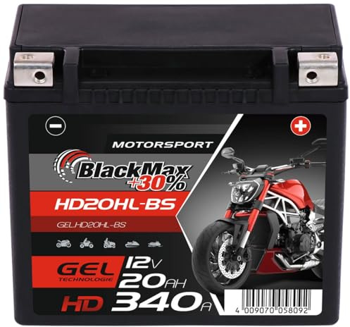 BlackMax Motorsport HD GEL Motorradbatterie YTX20HL-BS 12V 20Ah 340A | Starterbatterie extrem rüttelfest für schwere Cruiser & Tourer - Wartungsfrei, geladen & auslaufsicher
