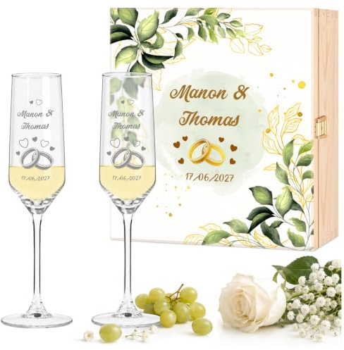 Maverton Flûtes à Champagne 200ml avec Boite Personnalisable | 2X Flute Champagne Verre Personnalisé avec Coffret en bois, Cadeau Couple Personnalisé, Cadeau Mariage Original, alliances