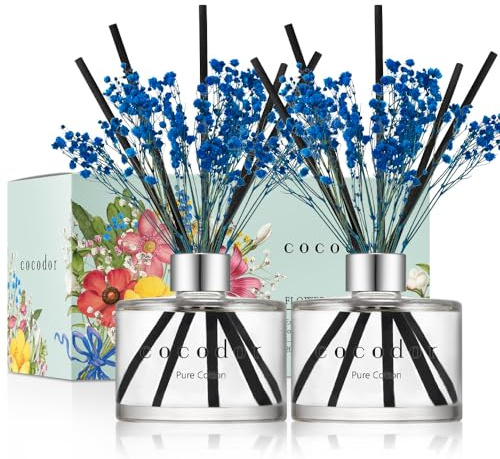 [COCODOR/Pure Cotton] Flower Reed diffusers Oil with a Set of 5 Fiber Sticks, 200ml*2packs, Best for Home, Kitchen, Bathroom. Diffusers with sticks