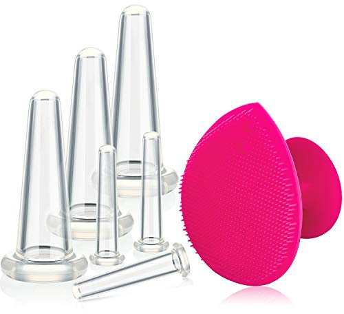 Set per Il Viso a Coppa per Massaggio Coppettazione Viso e Occhi, Set di Coppette per Il Viso Coppette in Silicone con Pennello Esfoliante per La Pelle del Collo (Piccolo Medio, Bianco)