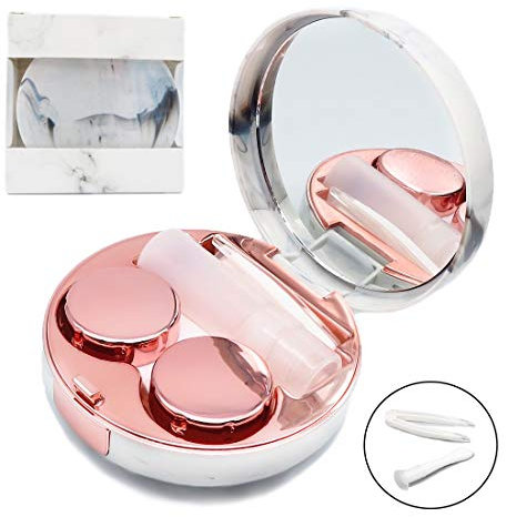 Contact Lens Case, Portable Cute Eye Contacts Colored Lenses Remover Box Kit with Mirror for Travel (Rose Gold)