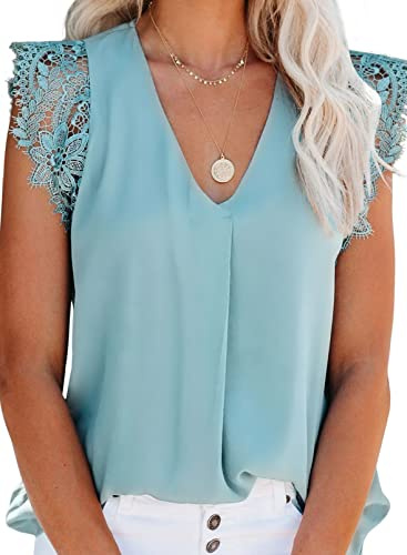 Uusollecy Camiseta Sin Mangas de Verano para Mujer Blusa de Chiffon con Encaje y Cuello en V Top Casual Lencero,Azul,M