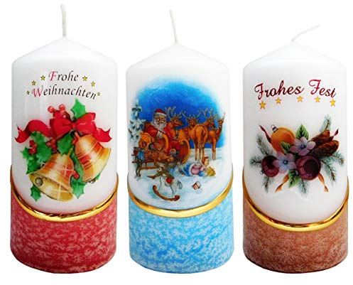 Meissner-Handel Auswahl Motiv - 3 Stück Weihnachtskerzen ca. 6 x 12 cm, farbig getaucht, optional m. Kerzenständer oder Untersetzer