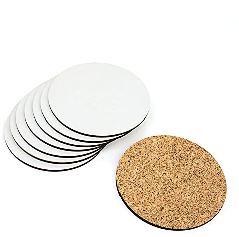 50 x MDF-Untersetzer, blanko, Unterseite aus Kork, 9 x 9 cm, weiß, blanko, rund, glänzend