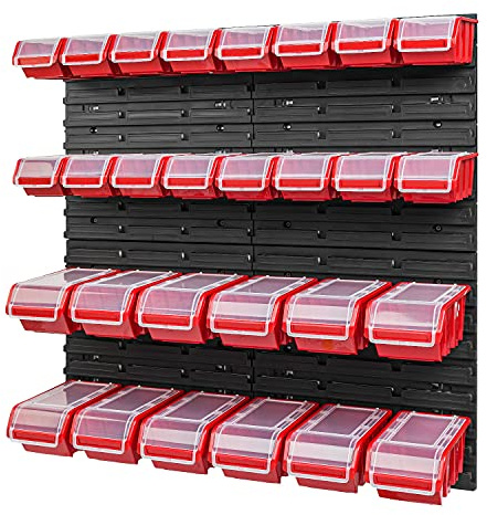 PAFEN Stapelbox Wandregal 772 x 780 mm - Lagersystem 28 Stück Boxen mit Deckel - Lagerregal Sichtlagerkästen Schüttenregal, Rot