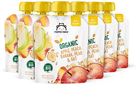 Marque Amazon - Mama Bear Purées de pommes, de pêches, de bananes, de poires et d'avoine avec flocons d'avoine biologiques, végétarien, 540g, 90 g (lot de 6)
