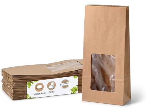 BIOZOYG Blockbodenbeutel Größe M mit Sichtfenster biologisch abbaubar 500 Stk. Papiertüten aus Kraftpapier unbeschichtet mit Fenster aus Biokunststoff PLA Kekstüten Teetüten Gebäcktüten uvm.