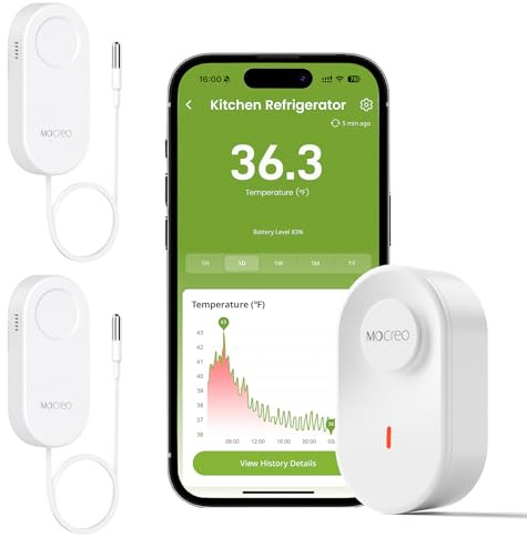 MOCREO WiFi Thermometer Freezer Alarm, Email Alert, App Notification, Data Record Export, No Subscription Fee, Remote Wireless Temperature Sensor for Refrigerator, Freezer, Hot Tub (2 Pack) …