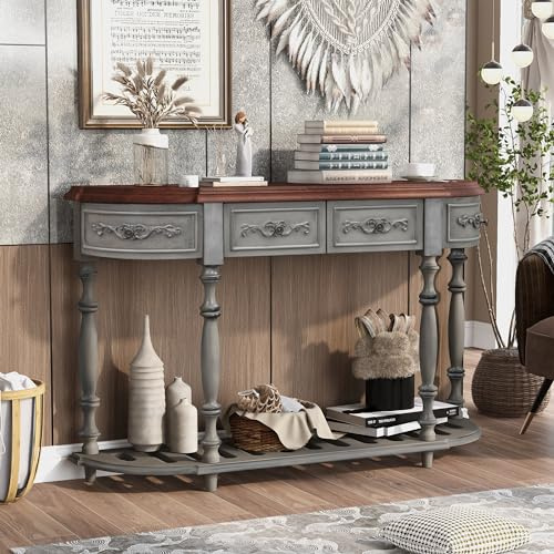 Knocbel 52in Sofa Console Table with 4 Storage Drawers and Bottom Slatted Shelf, Entry Hallway Foyer Long Table with Legs, 130lbs Weight Capacity (Antique Gray)