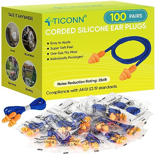 TICONN 100 Pairs Reusable Silicone Ear Plugs for Sleeping Noise Cancelling, Individually Wrapped 25dB NRR Corded Earplugs for Study Concentration Travel (100 Pairs)