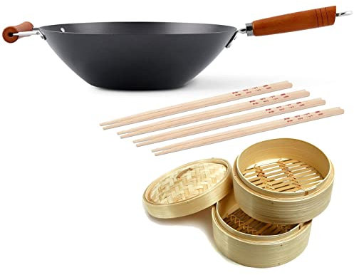 Ken Hom Wok 35 cm antihaftbeschichtet aus Karbonstahl mit Gegengriff - Wok Set inkl. Dampfkorb 20 cm und 8 Essstäbchen - Stielwokpfanne für verschiedene Herdarten - nicht induktionsgeeignet