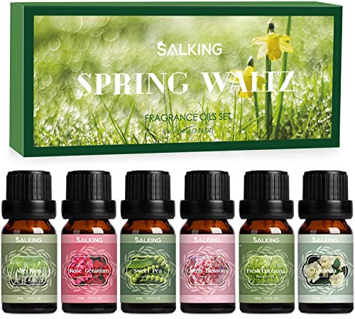SALKING Frühling Ätherische Öle Set, 6x10mL 100% Aromatherapie Duftöl für Diffuser, Luftbefeuchter, Massage, Nach Regen, Frisch geschnittenes Gras, Schalerbse, Rosengeranie, Kirschblüte, Gardenia