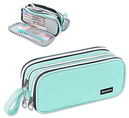 COLOCASTLE Federmäppchen Mäppchen Federmappe groß mit 3 Fächern Federtasche Mädchen Jungen Teenager Pencil Case Schlamppermäppchen für Schule Büro (Mintgrün)