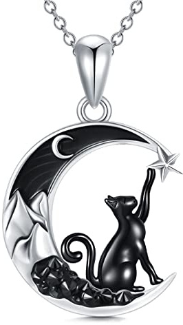 Shusukue Schwarz Katzen Kette 925 Sterling Silber Halbmond Katzen Halskette Katze Anhänger Cat Necklace Schwarz Gothic Katzen Schmuck Geschenke für Katzenliebhaber Frauen Mädchen Damen