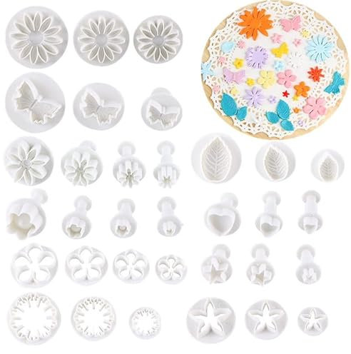 33 pcs Torta Fondente Set Stampi per Pasta di Zucchero Stampini Fondente Taglierine Set Stampi a Stantuffo Torta Fondente Decorazione Attrezzi per Torte, Pasticceria,Zucchero (Bianco)