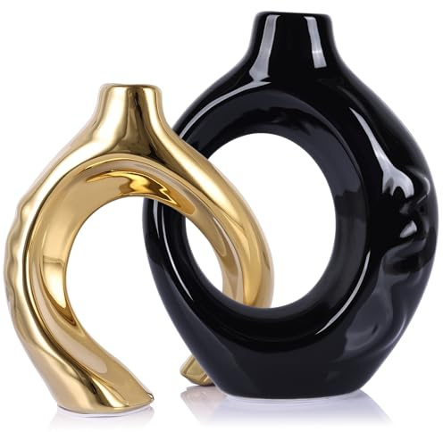 LCCCK Keramikvasen für Heimdekoration, Boho-Vase für Blumen, Pampasgras, dekorativ, hohle Donut-Vase für Wohnzimmer, Tisch, Hochzeit, Tafelaufsatz, modern, klein, schwarz und gold