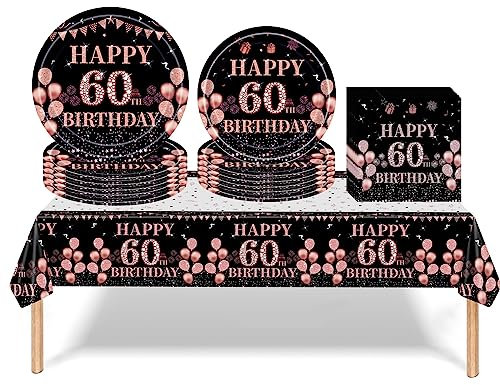 53PCS Black Rose Gold 60th Birthday Party Tableware Decorations for Women Birthday,Disposable Party Tableware Set Black Rose 60th Table Cloth,7inch,9inch Paper Plates,Napkins for Women,Her Dinnerware