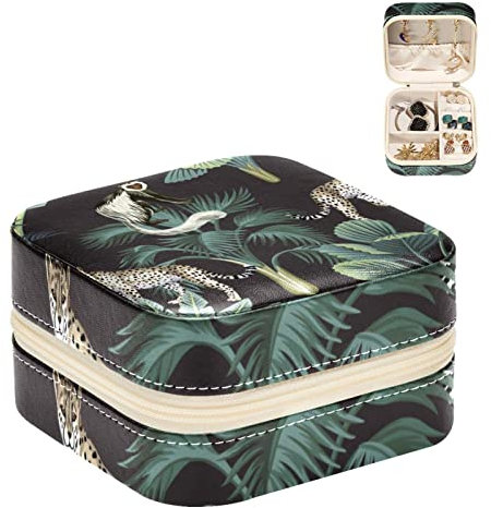 Kleine Schmuckschatulle für Mädchen, Pu-Leder-Reise-Schmuckschatulle-Organizer,Moderner tropischer Dschungel Leopard Lemur Bananenbaum