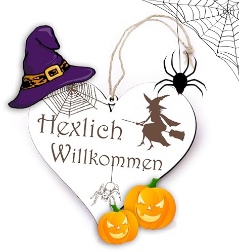 Dekolando Schild Hexlich Willkommen Halloween Deko Türschild - Herzlich Willkommen Herz 12x13cm Hexe auf Besen Spinne Spinnennetz gruselig