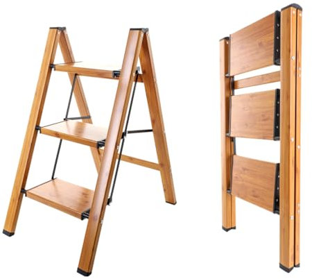 BAOYOUNI Trittleiter 3 Stufen Klappbar Leiter Aluminium Stufenleiter Tragbare Haushaltsleiter mit Breitem Anti-Rutsch Pedal für Zuhause, Büro, Küche, Garage, Holzmaserung Farbe+Schwarz