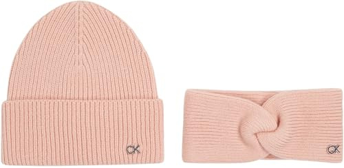 Calvin Klein Set de Regalo Mujer CK Metal Beanie & Headband Gorro de Punto y Cinta para el Pelo, Rosa (Petal Blush), Talla Única