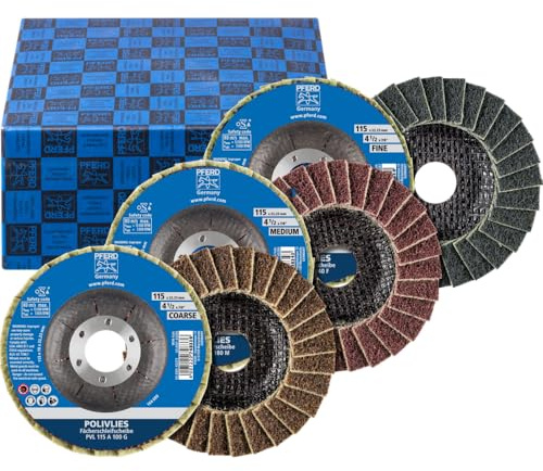 PFERD POLIVLIES Set di dischi in PVL 115, diametro 115 mm, larghezza 18 mm, foro 22,23 mm, corindone A 100,180,280| 44698007 per levigatura fine