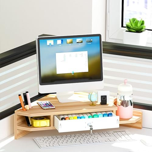 ROYUMI Eck Monitorständer Eckständer aus Holz mit Schublade, Doppeldecker-Monitorerhöhung mit Stiftschlitz und Wasserhalter, Dreieck-Computerorganisator, Platz Sparen (Color : Wood Grain), 36655