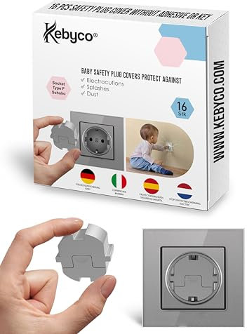 Kebyco España – Protector Enchufes Seguridad Infantil – Cubiertas Enchufes Bebé – Tapa de enchufe eléctrico para bebé sin llave ni adhesivo de innovación, antipolvo, salpicaduras (Gris)