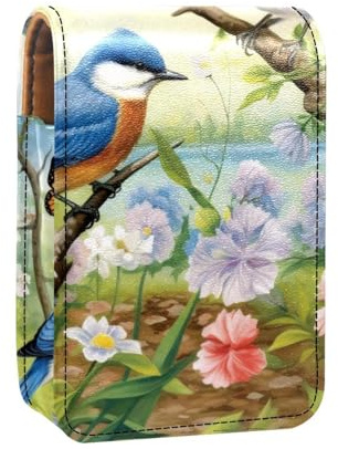 Étui à Rouge à lèvres,Organisateur de Rouge à lèvres en Cuir avec Miroir,Oiseaux Fleurs Jardin Rivière