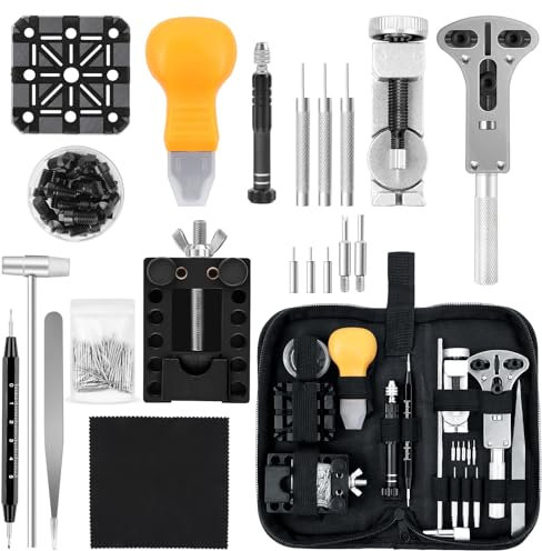 AiQInu Uhrmacherwerkzeug Set 150 TLG,Uhrenwerkzeug Batteriewechsel,Uhren Werkzeuge Set Einstellbar Gehäuseöffner Stiftausdrücker Schraubendreher,Uhrenarmband Uhr Reparatur Werkzeug Set