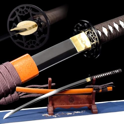 KWXPW 103cm handgefertigtes Samuraischwert,Klinge aus Federstahl,Eisen Handschutz,Holzscheide,Japanisches Katana,real Samurai-Schwert für Geschenke,Displays,Dekorationen,Cosplay,Kendo-Übungen