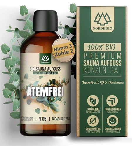 NORDHOLZ® Saunaaufguss BIO #5 Atemfrei intensiv & authentisch [100% Naturreine Bio Öle] Sauna Aufguss Konzentrat mit Eukalyptus - Manufaktur aus Bayern