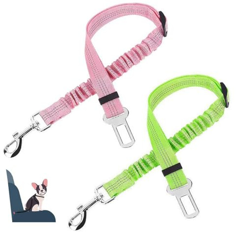 SamHeng Universal Hunde Sicherheitsgurt für Auto, 2 Stück Hunde Autogeschirr Verstellbare Hunde Anschnallgurt mit Ruckdämpfung, Reflektierend Haustier Hundegurt Reise Zubehör (Rosa & Grün)