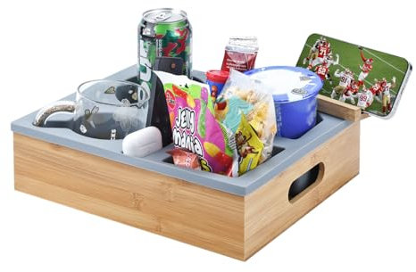 Couch Cup Holder with Sturdy Bamboo Bottom Tray and Anti-Spill Washable Silicone Liner for Eating on Couch or Bed, TV-Watching Food Snack Trays with Drinks Cup Holder TV Remote Holder (Grey)