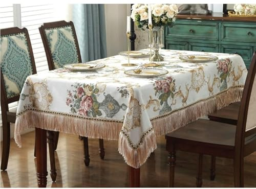 Calefee 90x140cm Tischdecken Rechteckig, Tischwäsche für die Küche Chenille Vintage-Jacquard mit Blumen Und Quasten Tischdeko Fleckschutz Abwaschbar