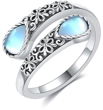 CUPENDA Moonstone Rings 925 Sterling Silver Adjustable Filigree Thumb Ring for Women Victorian Vintage Spoon Ring Jewelry Gifts for Women