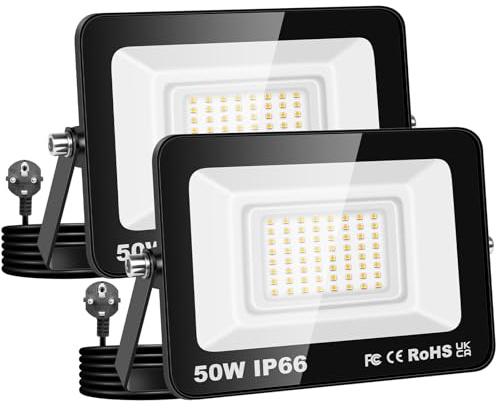 AUXTINGS 2 Stück 50W Led Strahler Außen mit Stecke, 5000LM Scheinwerfer Aussen IP66 Fluter 6000K Kaltweiß Aussenstrahler Flutlichtstrahler mit 150cm Cable für Garten Hinterhof Garage Terrassen