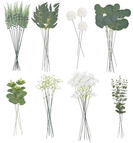 DXLing 63 Stück Künstliche Blumen und Zweige Kunstblumen Weiß Grün Kunst Blumen Blätter Künstliche Eukalyptus Hortensien Kunstblumenstrauss Dekozweige Fake Flowers für DIY Blumenstrauß Hochzeit