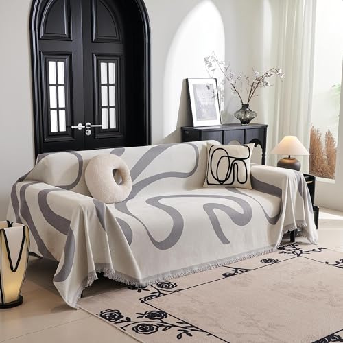 MYSKY HOME Sofabezug 3 Sitzer Chenille Sofa Überzug L Form Sofa Schutzdecke | Graue Kurve,1er Set,180x300cm,Geometrische Modern Sofa Bezug,Boho Sofaschoner Waschbar,Jacquard Sofa Cover L Shape