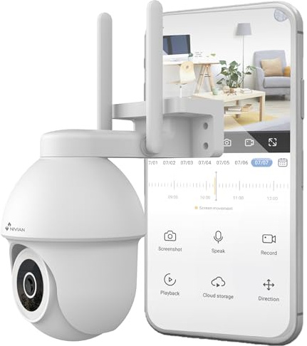 NIVIAN - Cámara PTZ WiFi 2.4Ghz Half4K 2560x1440, Visión Nocturna a Color, Detección de Movimiento y Humanos, Compatible con Alexa y Google Home, Control App Tuya, Imagen Super HD 2.5k