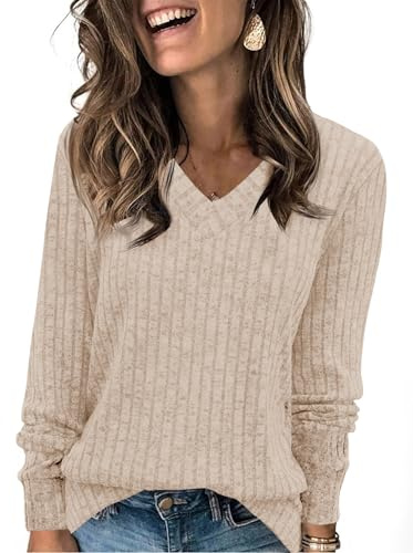 Fisoew Maglione Leggero a Maniche Lunghe con Scollo a V da Donna Elegante Pullover in Maglia a Costine Felpa, Kaki, XL