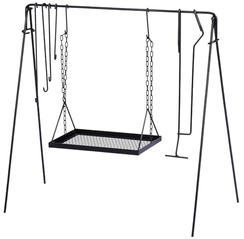 Grill Swing Camp Fire Grill Stand,Adjustable Collapsible Camp Fire Cooking Rack with Iron Grate,Hooks & Accessories,Portable Cookware Hanging Rack Outdoor Camping Bonfire for Cookware BBQ Picnic