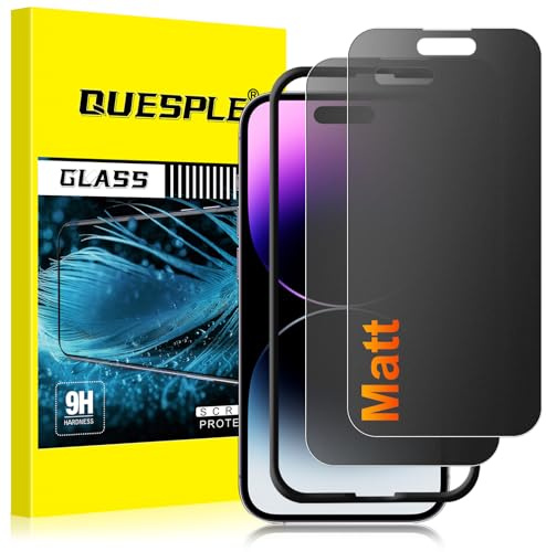 QUESPLE [2 Stück] Matt Panzerglas Sichtschutz für iPhone 14 Pro, 28° Anti Spähen Blendschutz Matte Schutzfolie, Anti-Fingerabdruck, Anti-Kratzen Gehärtetem Glas Displayschutzfolie