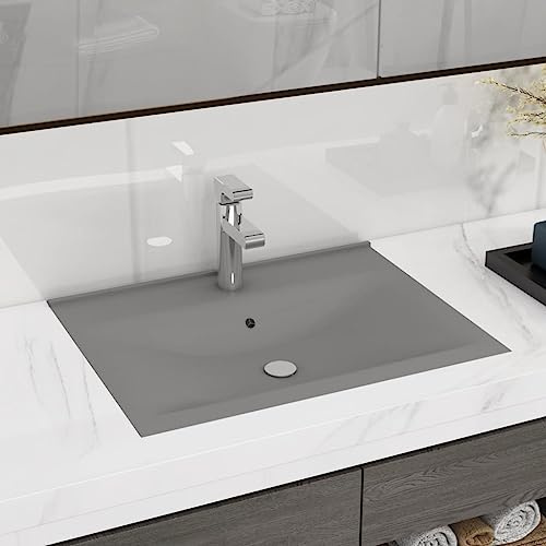Lavabo Rectangulaire with Céramique, Design Luxueux, Vasque à Poser Salle de Bain, Lavabo Salle de Bain, Meuble Vasque Salle de Bain, Gris Clair Mat, 600 x 460 x 160 mm