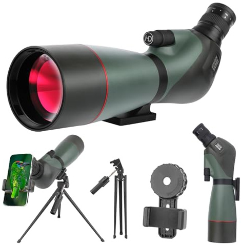 Longue-Vue Zoom Haute Puissance avec Adaptateur Téléphone, Trépied, Sac, Télescope Oculaire Incliné 45°, pour Tir Cible, Observation Oiseaux et Chasse