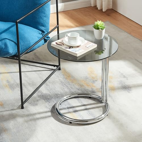 [en.casa] Beistelltisch Ylivieska Sofatisch mit Glasplatte Wohnzimmertisch 46 x Ø45 cm Dekotisch Kaffetisch rund Ablagetisch mit Metallgestell Nebentisch Chromfarben/Grauglas