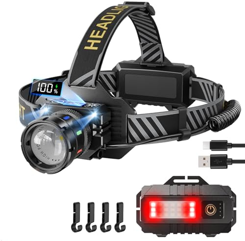 Stirnlampe LED Wiederaufladbar, 80000LM Superhelle LED Kopflampe mit Rotlicht & Sensormodus, 9 Lichtmodi, IP65 Wasserdicht, 90° Einstellbarer Fokus,für Laufen,Camping, Wandern, Angeln